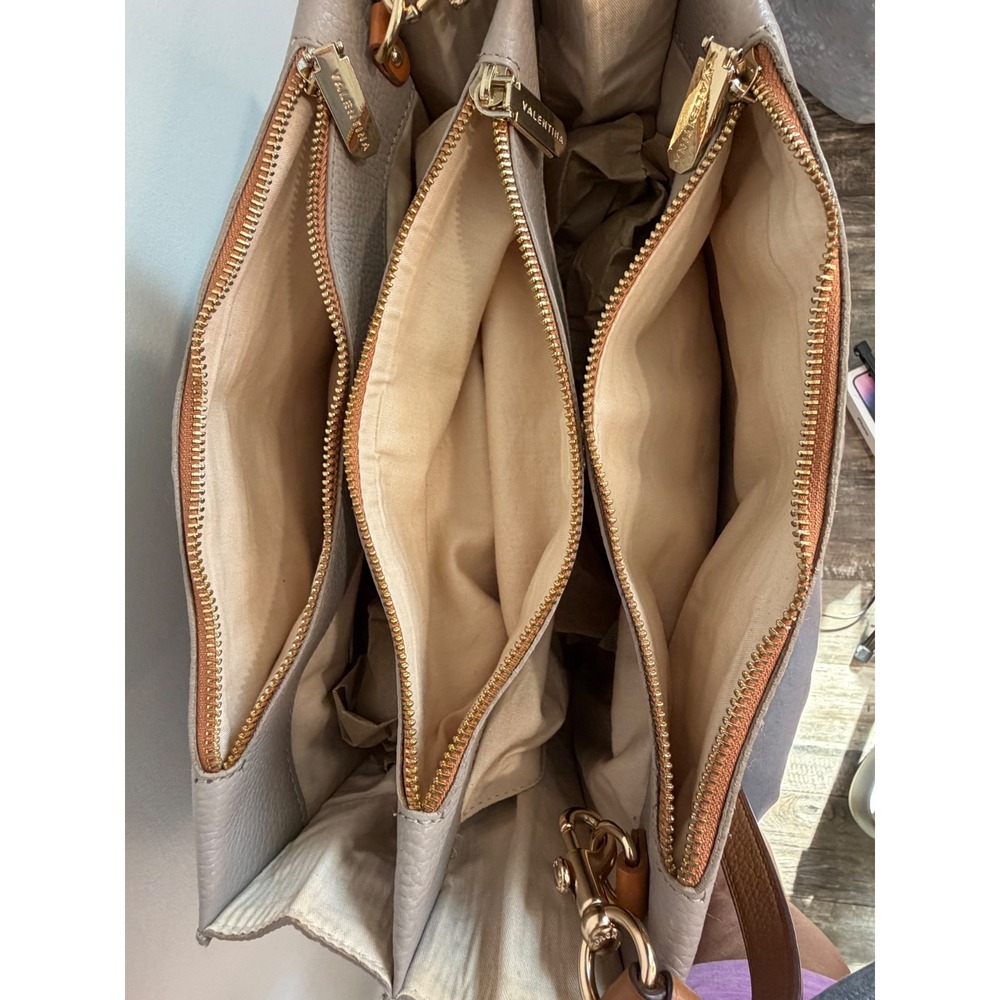 Valentina Italy Pebbled Leather Satchel Crossbody Bag Taupe Cognac Two Tone - Picture 6 of 8